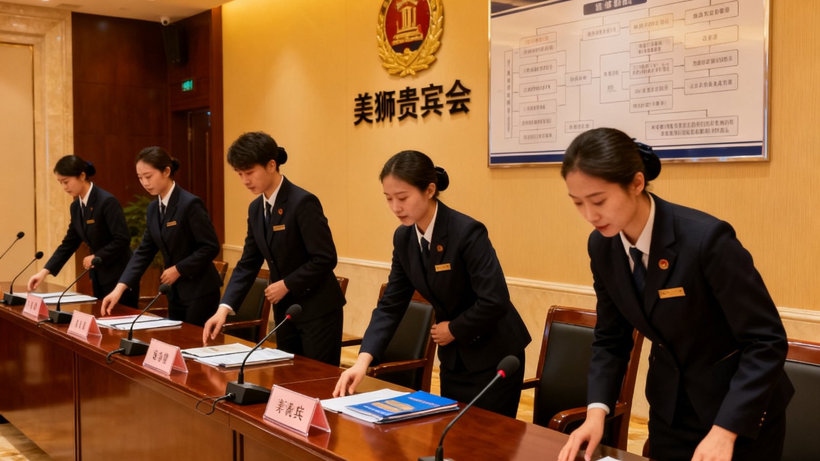 美狮贵宾会模拟接待大厅内景，五名身着深色统一制服的礼宾人员正在进行座次排列演练，桌上摆放着席位卡、麦克风和会议资料，背景墙上悬挂公司标识与政务接待规范流程图