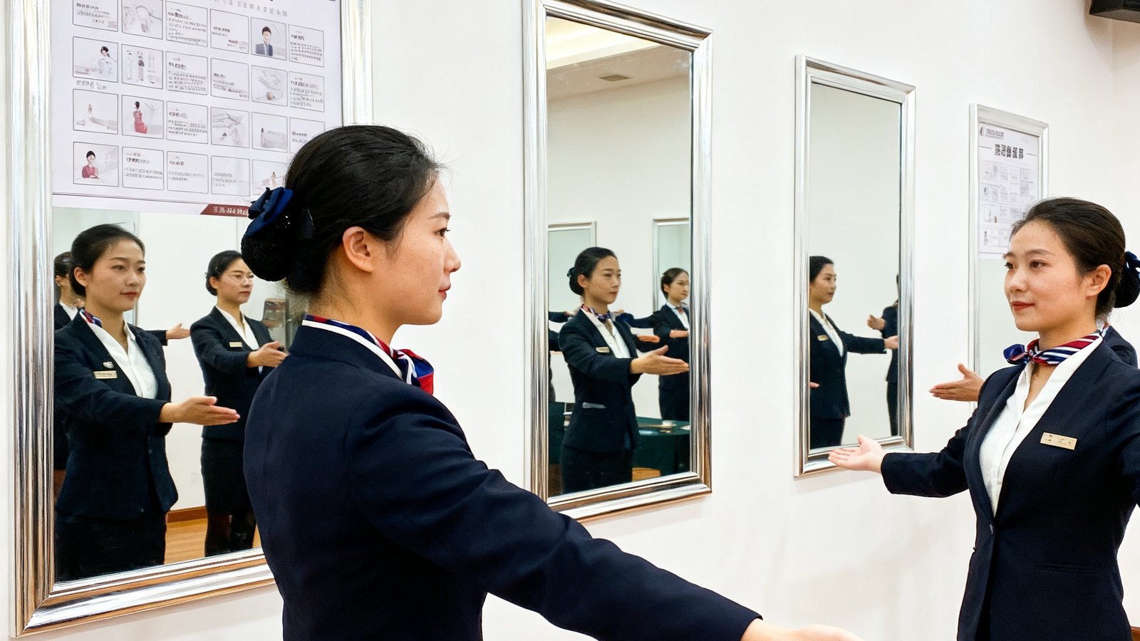 美狮贵宾会礼宾培训学院教室内，学员们正在练习标准引导手势，每人面前一面镜子用于自我纠正姿态，墙上贴有礼仪规范图解