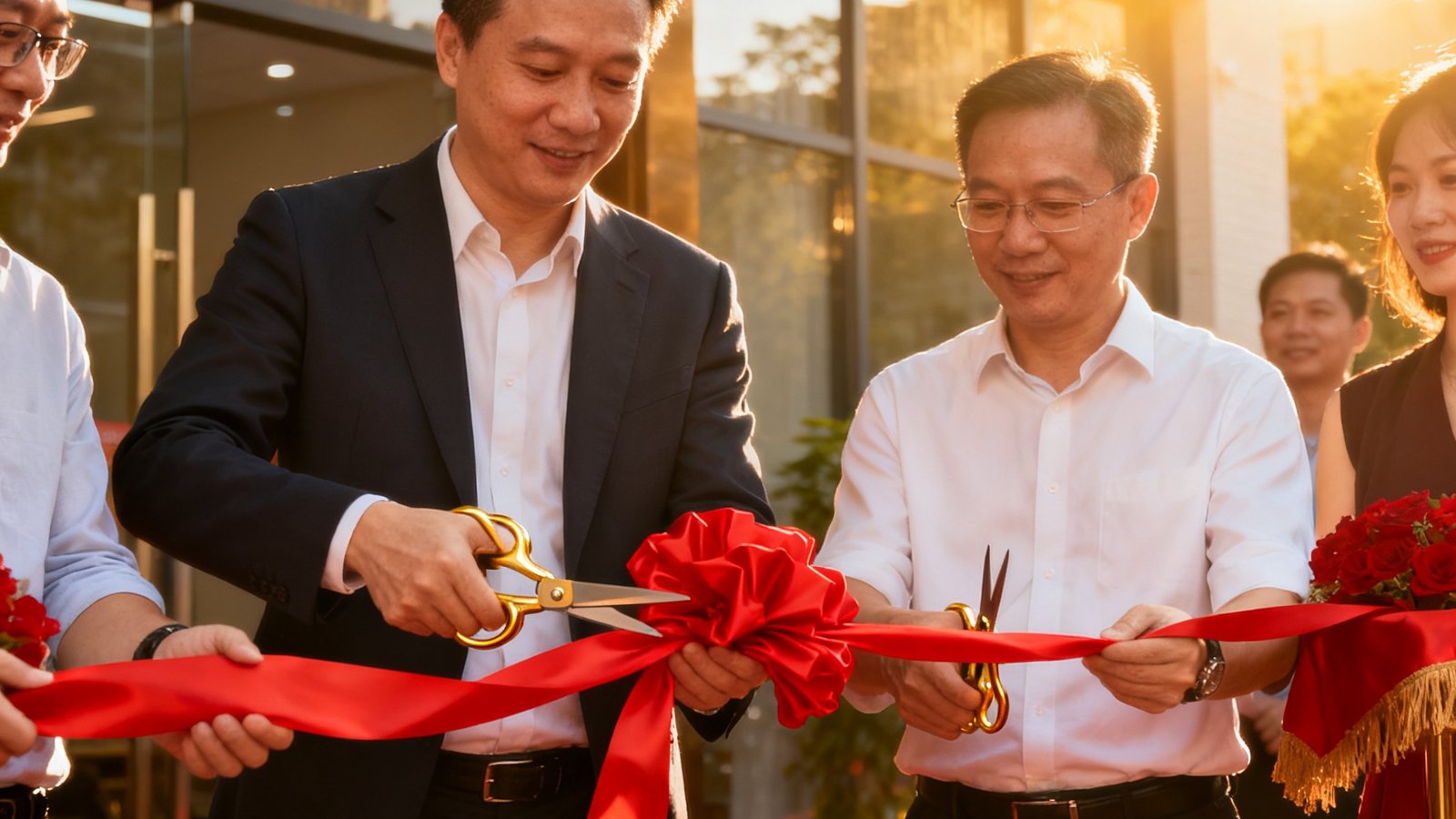 珠海分站新办公室揭牌仪式现场，公司管理层与当地合作伙伴共同剪彩，红绸带与金色剪刀在阳光下格外醒目