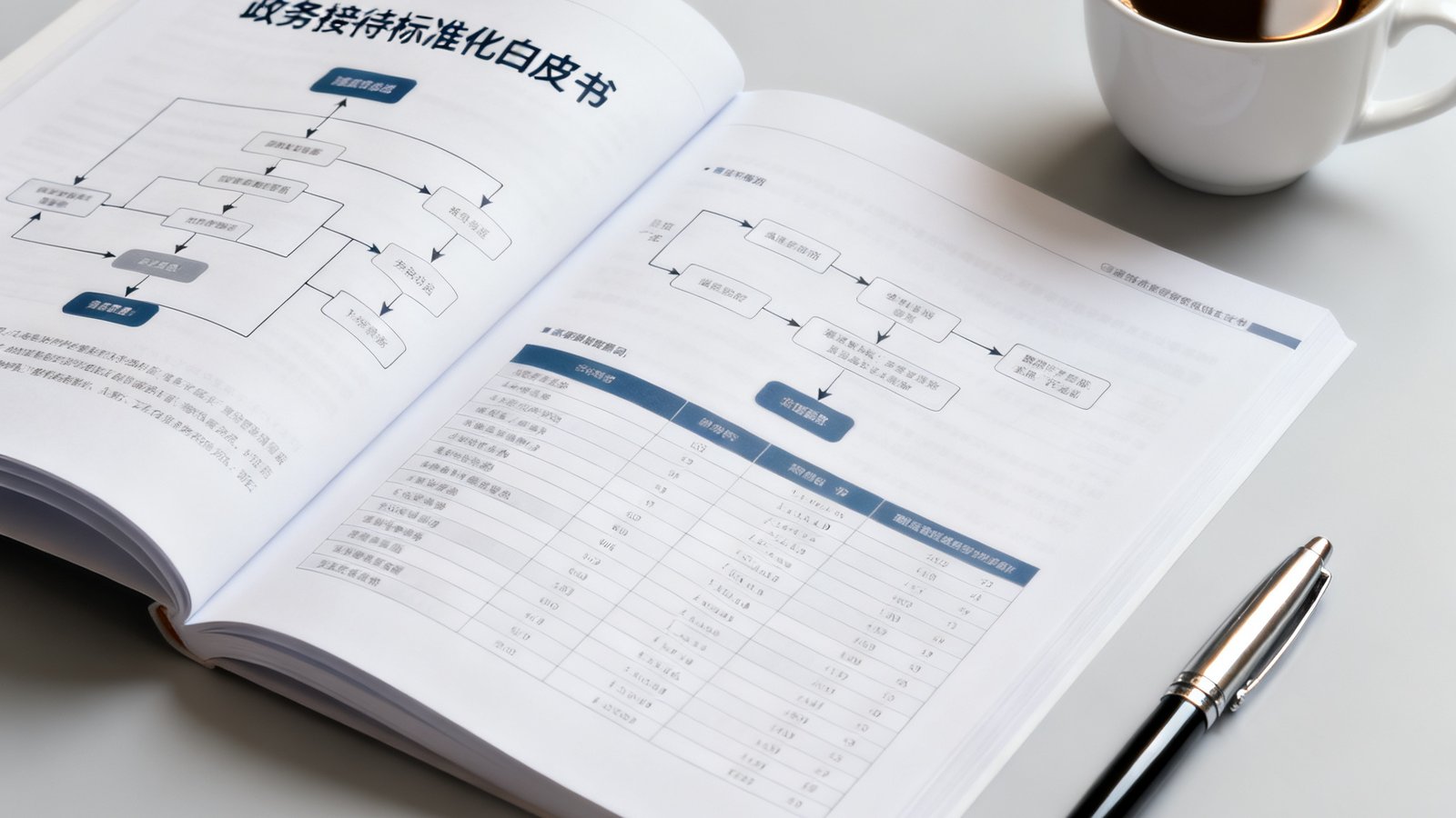 一本翻开的政务接待标准化白皮书，书页上清晰可见流程图和表格，旁边摆放着一杯咖啡和一支钢笔，整体氛围专业而沉静