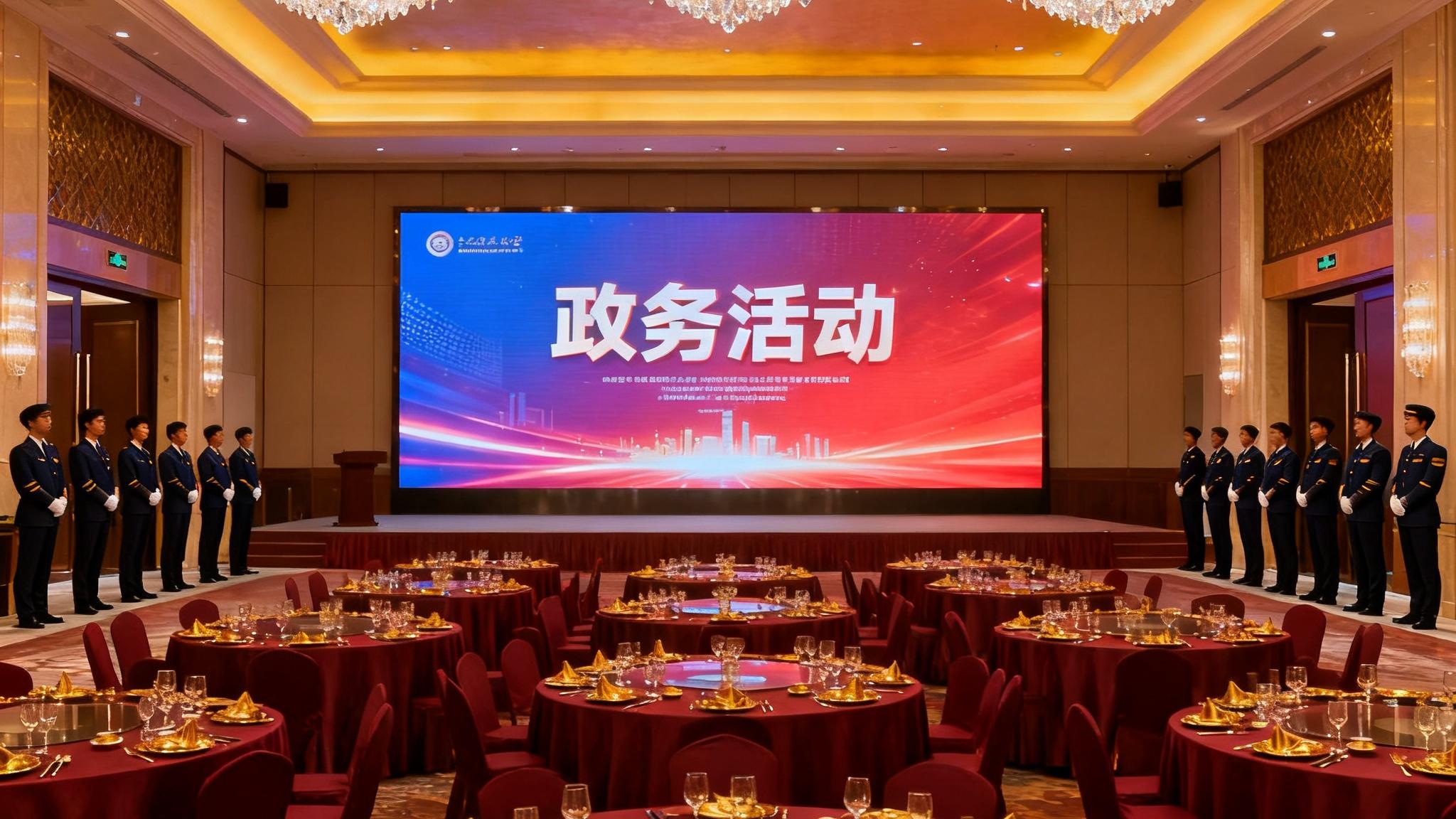 宽敞气派的政务宴会大厅全景，二十余张圆桌铺设深红色桌布与金色餐具，顶部三排水晶吊灯投射温暖光线，背景墙上悬挂大型LED屏幕显示活动主题，身着统一制服的礼宾人员整齐列队于入口两侧