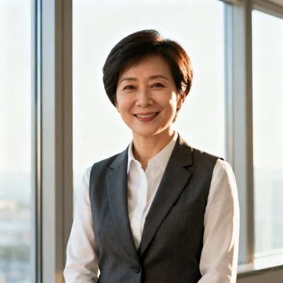 一位短发干练的女性客户代表，约四十岁，身穿白色衬衫外搭深灰西装马甲，站在落地窗前自然光线下微笑