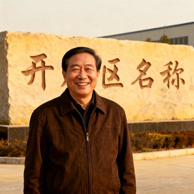 一位面带亲切笑容的男性领导，约五十五岁，穿着深棕色夹克衫，站在刻有开发区名称的石碑前留影