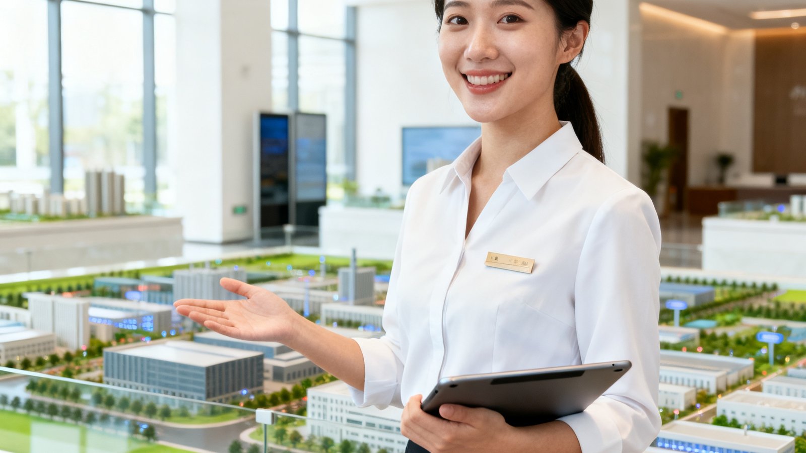 一位年轻的女性双语礼宾专员正在为外宾进行参观讲解，她手持平板电脑展示资料，面带微笑，身后是现代化产业园区的沙盘模型